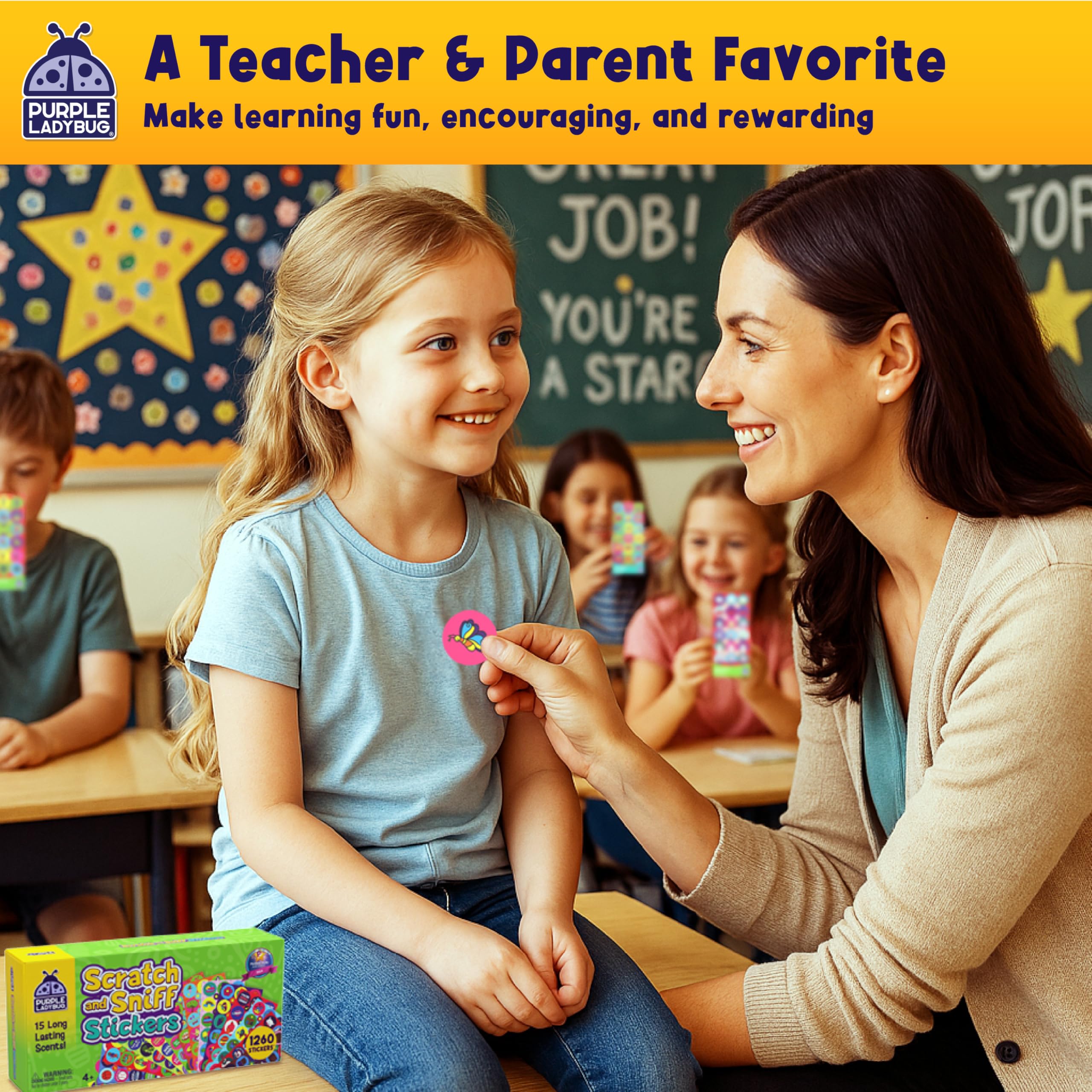 Purple Ladybug 1260 Variety Scratch and Sniff Stickers - 15 Unique Scents - Fun and Motivational Rewards for Kids and Teachers Must Haves, Smelly Sticker for Classroom, & Back to School Gift