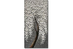 EPICLER ART Epicler 100% Hand-Painted Flower Tree Mural, 3D Vertical Abstract Oil Painting, White Flower Art Wall Decoration, 24x48 inch Living Room, Bedroom, Dining Room Mural