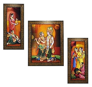Indianara 3 PC Set of Radha Krishna Paintings (1499) Without Glass 5.2 X 12.5, 9.5 X 12.5, 5.2 X 12.5 inch