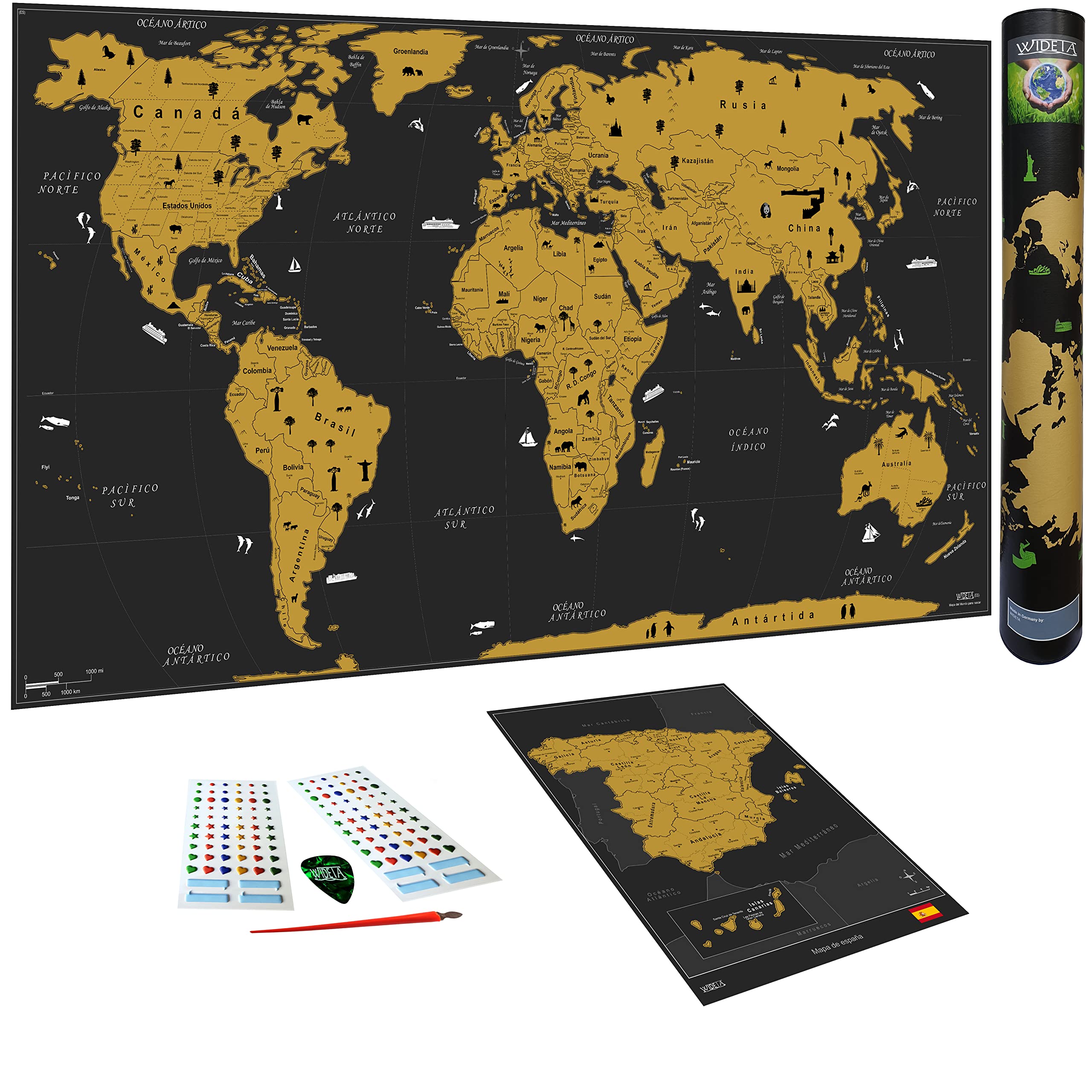 WIDETA Scratch off world map in Spanish/ Poster XXL (82 x 43 cm), Bonus Map of Spain and accessories