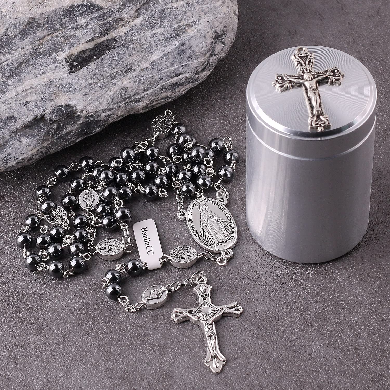 HanlinCC 6mm Hematite black stone beads Miraculous Rosary Necklace with Cross Metal Gift Box ofr Men and Women