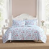 Laura Ashley - Twin Quilt Set, Reversible Cotton Bedding with Matching Sham, Envelope Closure, Floral Print Bed Set, Dorm Essentials (Blissful Blue)