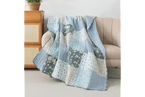 SLPR Wildflowers 50" x 60" Cotton Quilted Throw Blanket, Blue and Gray Floral Throw Quilt for Couch, Lightweight Pieced Patchwork Lap Quilt with Country Flower Pattern