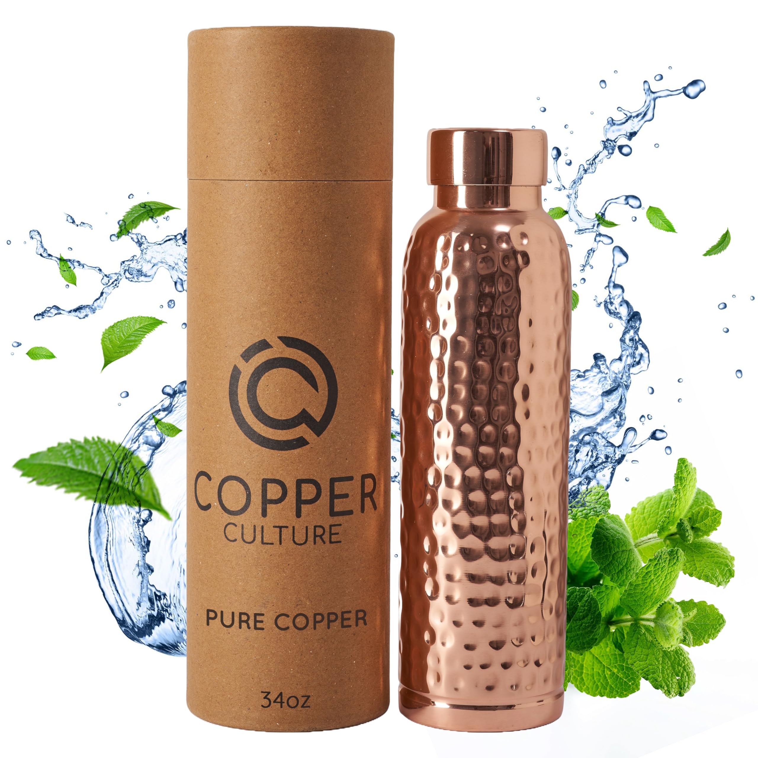 Photo 1 of 100% Pure Copper Water Bottle for Drinking Water – 34 oz (1000ml) Hammered Finish with Leak-Proof Lid | Copper Vessel for Yoga, Gym, Office, Home & Travel