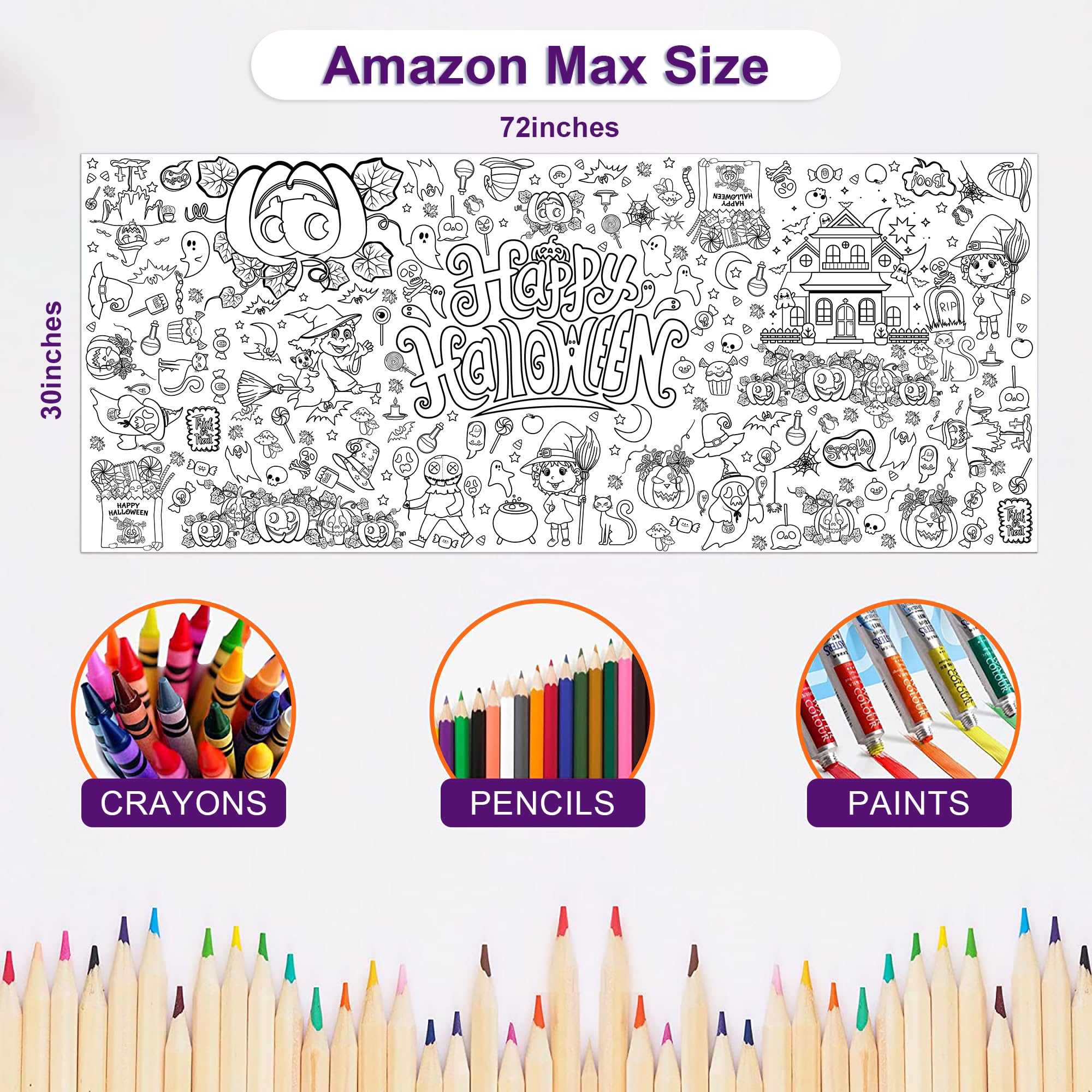 OHOME Halloween Giant Coloring Poster/Tablecloth-Halloween Crafts for Kids-30 x 72 Inches Jumbo Paper Coloring Banner Gifts for Kids Activities Games Toys Party Favors- Halloween Party Decorations