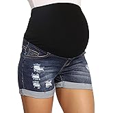 V VOCNI Maternity Denim Shorts Women's Summer High Waist Distressed Cuffed Hem Casual Denim Jean Shorts