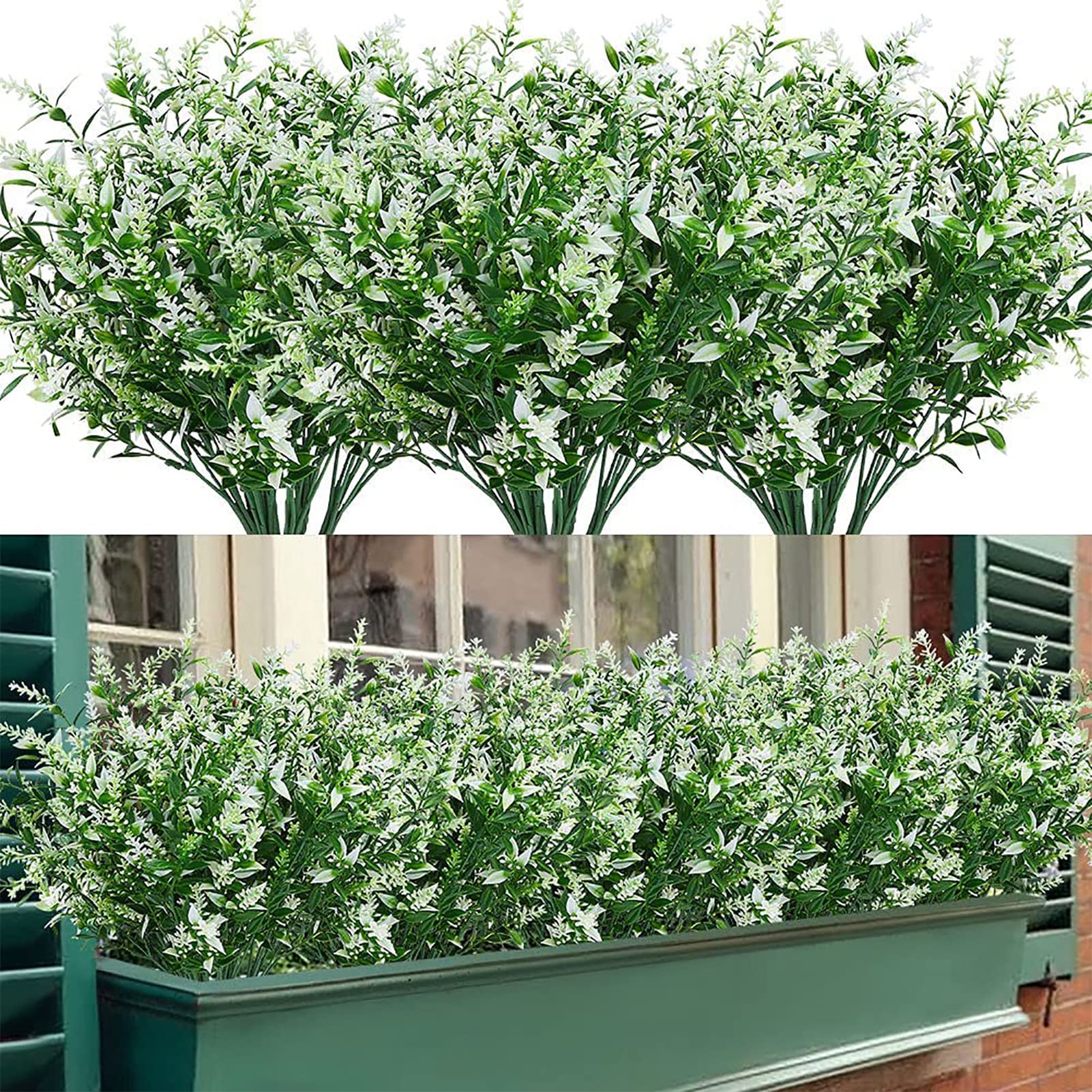 Mnixy 12 Bundles Artificial Flowers Outdoor Artificial Flowers UV Resistant Shrubs Plants Hanging Planter Home Wedding Porch Window Garden Decor (White)