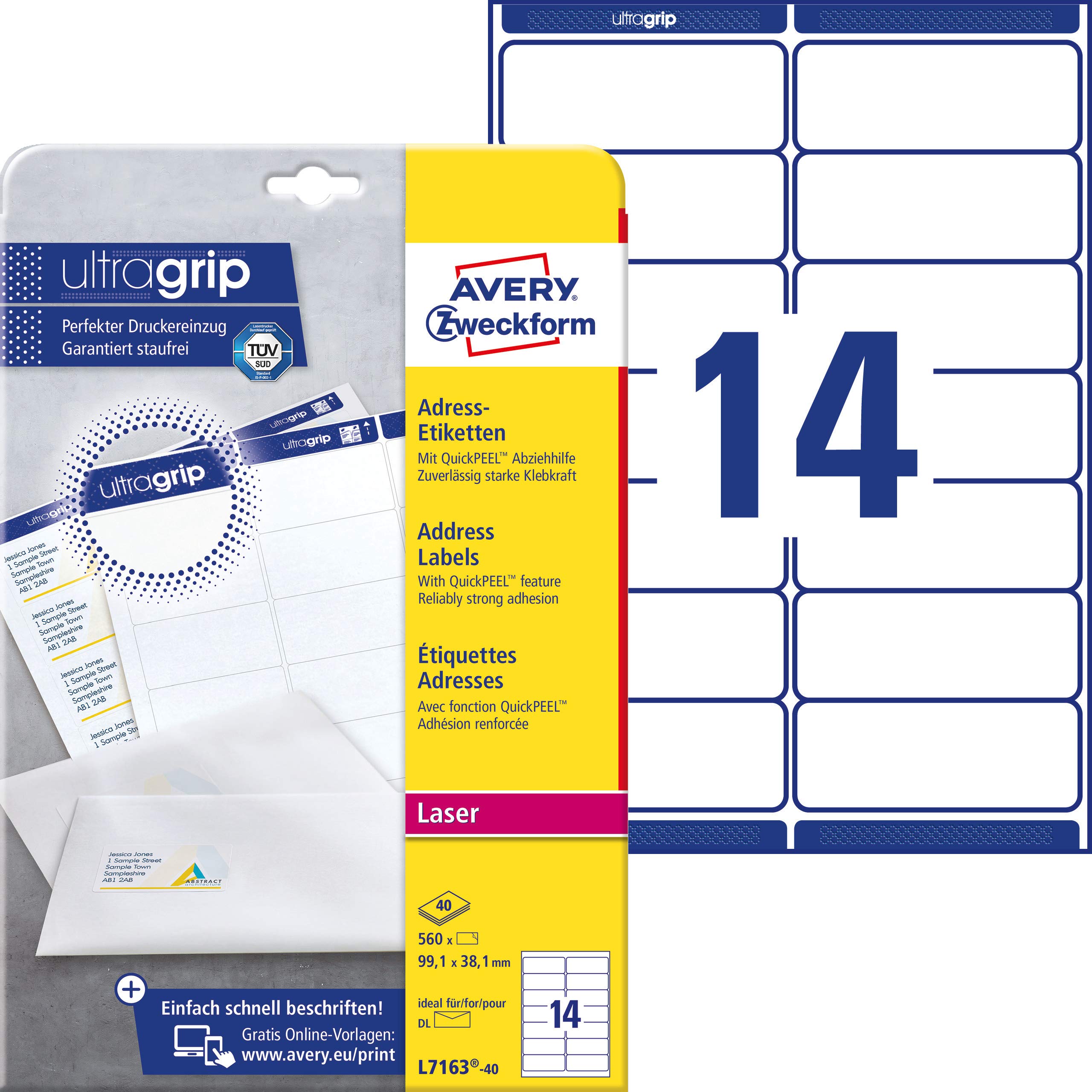 Avery Zweckform L7163-40 Address Labels 40 Sheets / 560 Labels / 99.1 x 38.1 mm White