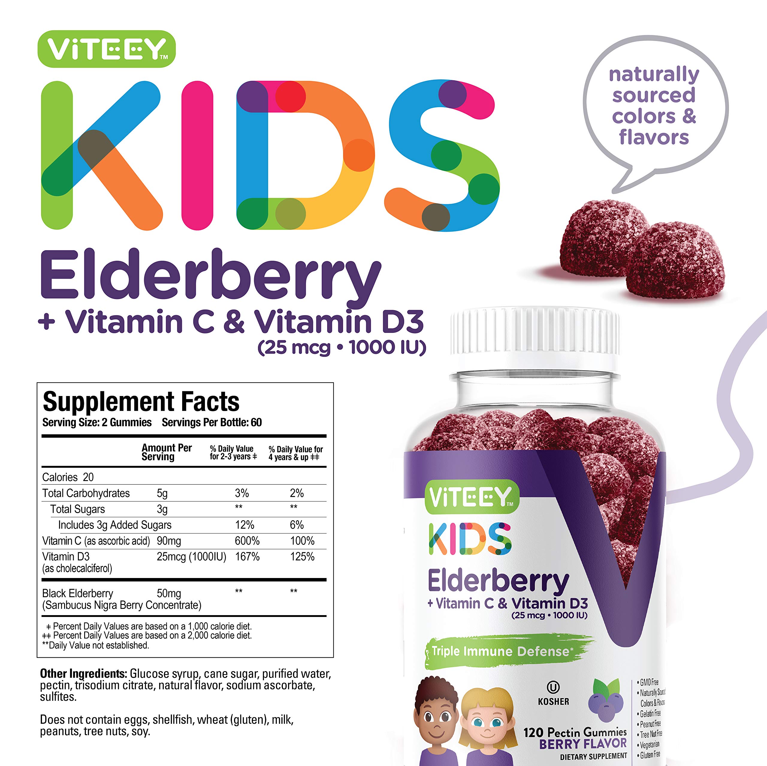 Viteey Sambucus Elderberry Gummies for Kids Immune Support Supplements with Vitamin D3 & Vitamin C 3-1 Immune Booster - Vegetarian, Gelatin Free, Gluten Free, GMO Free - Tasty Chewable Berry Flavored