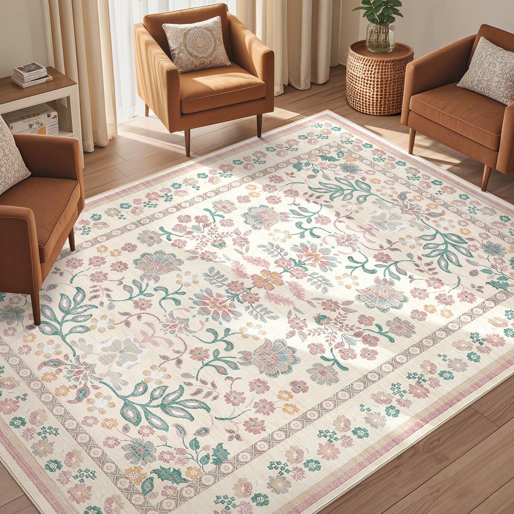 Photo 1 of UERMEI 5x7 Area Rug Living Room Rugs - Washable Boho Vintage Floral Large Soft Non Slip Thin Rug Low Pile Carpet for Bedroom Dining Room Kids Playroom Office Decor Indoor- Pink