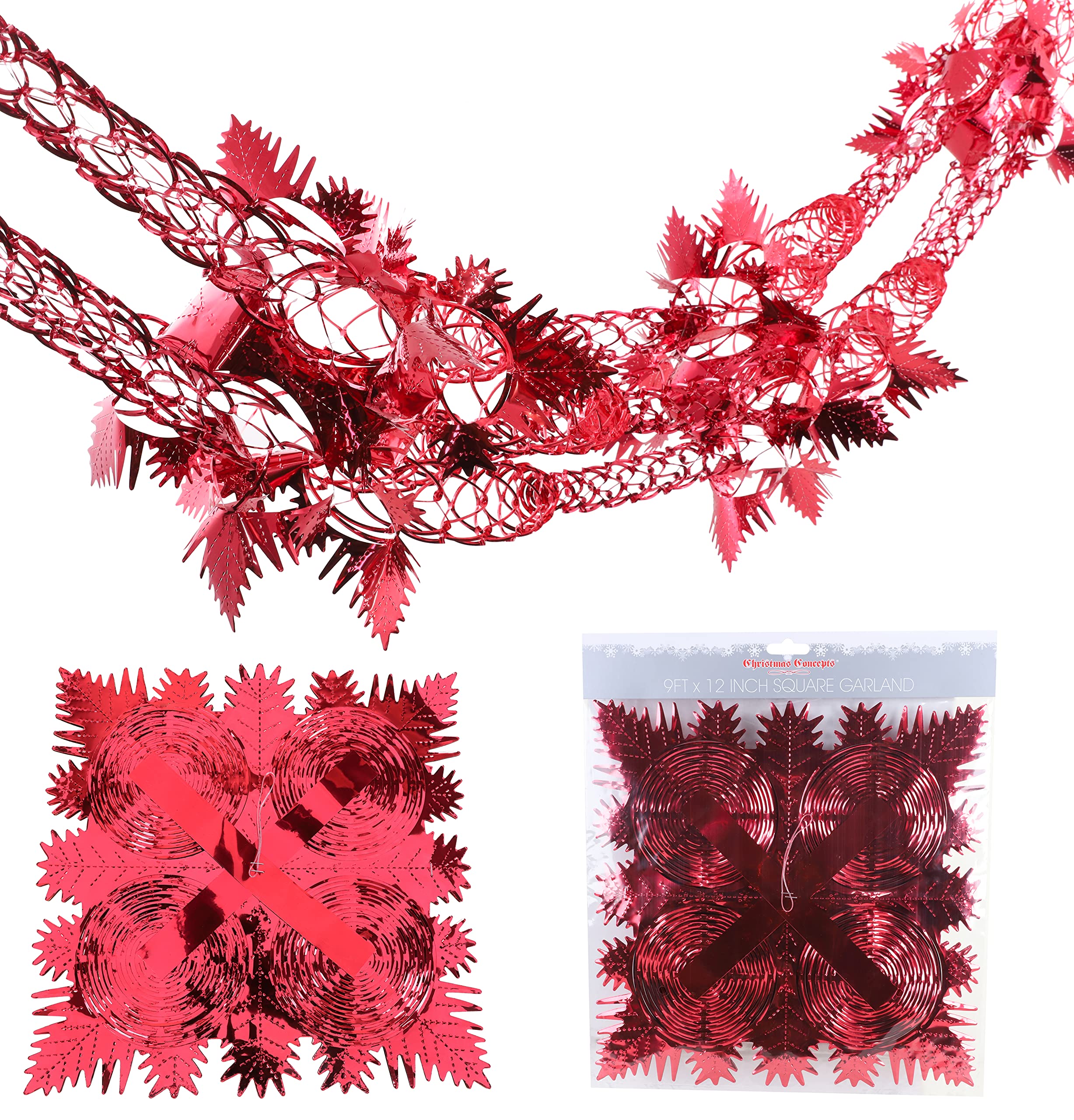 Christmas Concepts® 9ft x 1ft Large Square Foil Garland Festive Hanging Decoration – Christmas Trimming (Red)