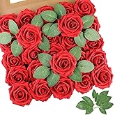 AmyHomie 25pcs Real Looking Artificial Red Roses w/Stem for DIY Wedding Bouquets Centerpieces Arrangements Party Baby Shower Valentines Day Christmas Tree Decorations