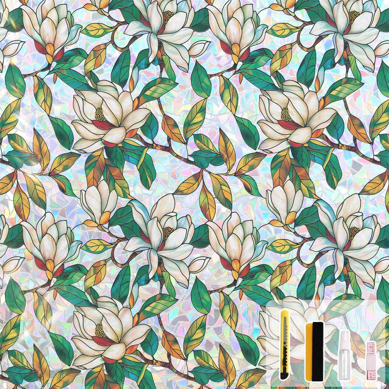 Kromapolis Window Privacy Film, Stained Glass Sticker Floral Window Clings, Decorative Static Clings UV Blocking Colorful Decals, Removable Vinyl Covering White Magnolia Flowers, 23.6'' x 78.7''