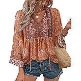 Unixseque Summer Boho Womens Tops Floral Print Dressy Casual V-Neck Tie Front Trendy Fall 3/4 Sleeve Blouses