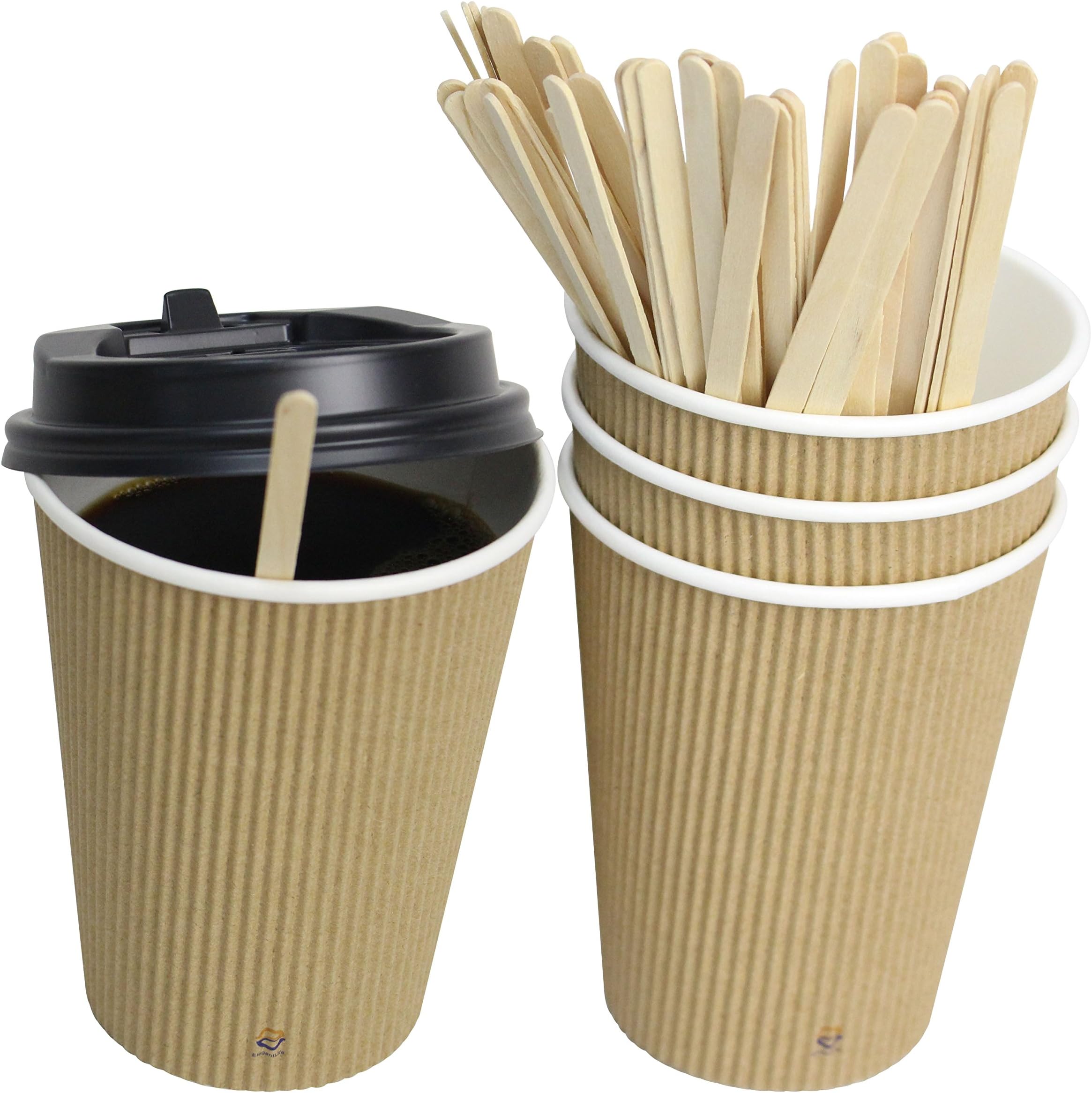 Disposable Insulated Ripple Coffee Hot Paper Cups Sets (40 Count) - Coffee Cups, Black Cappuccino Lids, Wood Stirrers - Serve Hot/Cold Water, Tea, Hot Chocolate (12 Ounce, Brown)