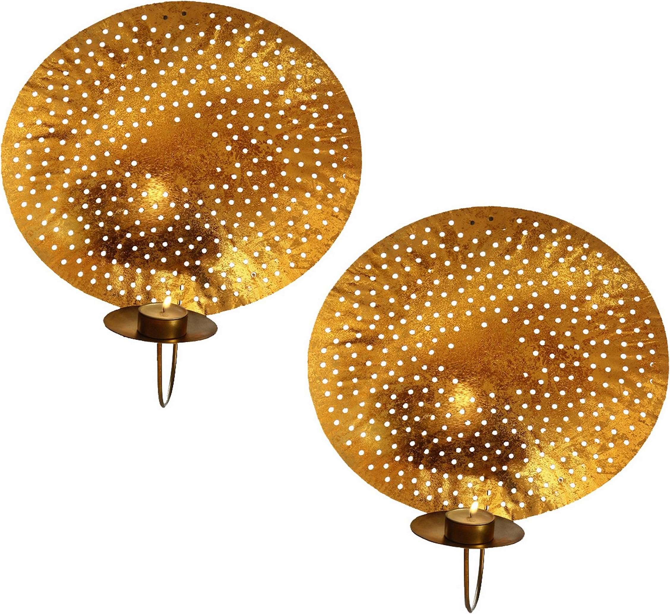 Anasa Hammered Metal Tealight Candle Holder Wall Sconces (20.32 cm x 8.89 cm x 25.4, Golden, Set of 2)