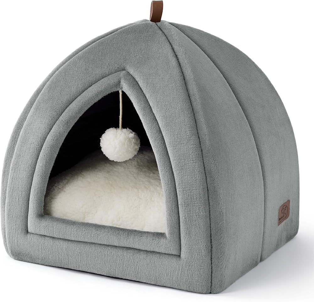 Bedsure Cat Cave Bed Indoor Flannel Hooded Igloo 40x40x40cm Grey