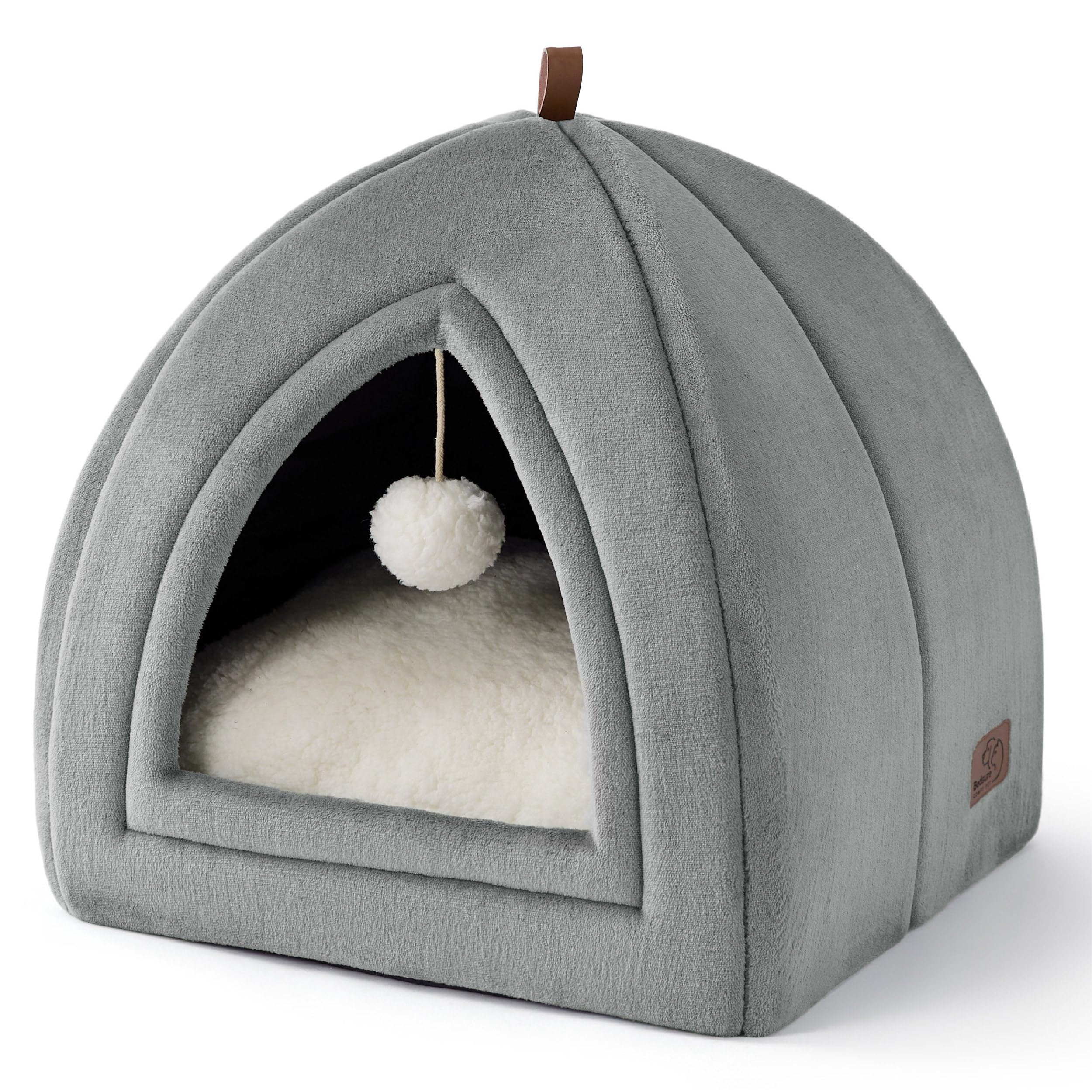 Bedsure Cat Cave Bed Indoor - Flannel Hooded Cat Igloo House, 38x38x38cm Enclosed Foldable Pet Bed with Removable Washable Cushion Pillow, Grey