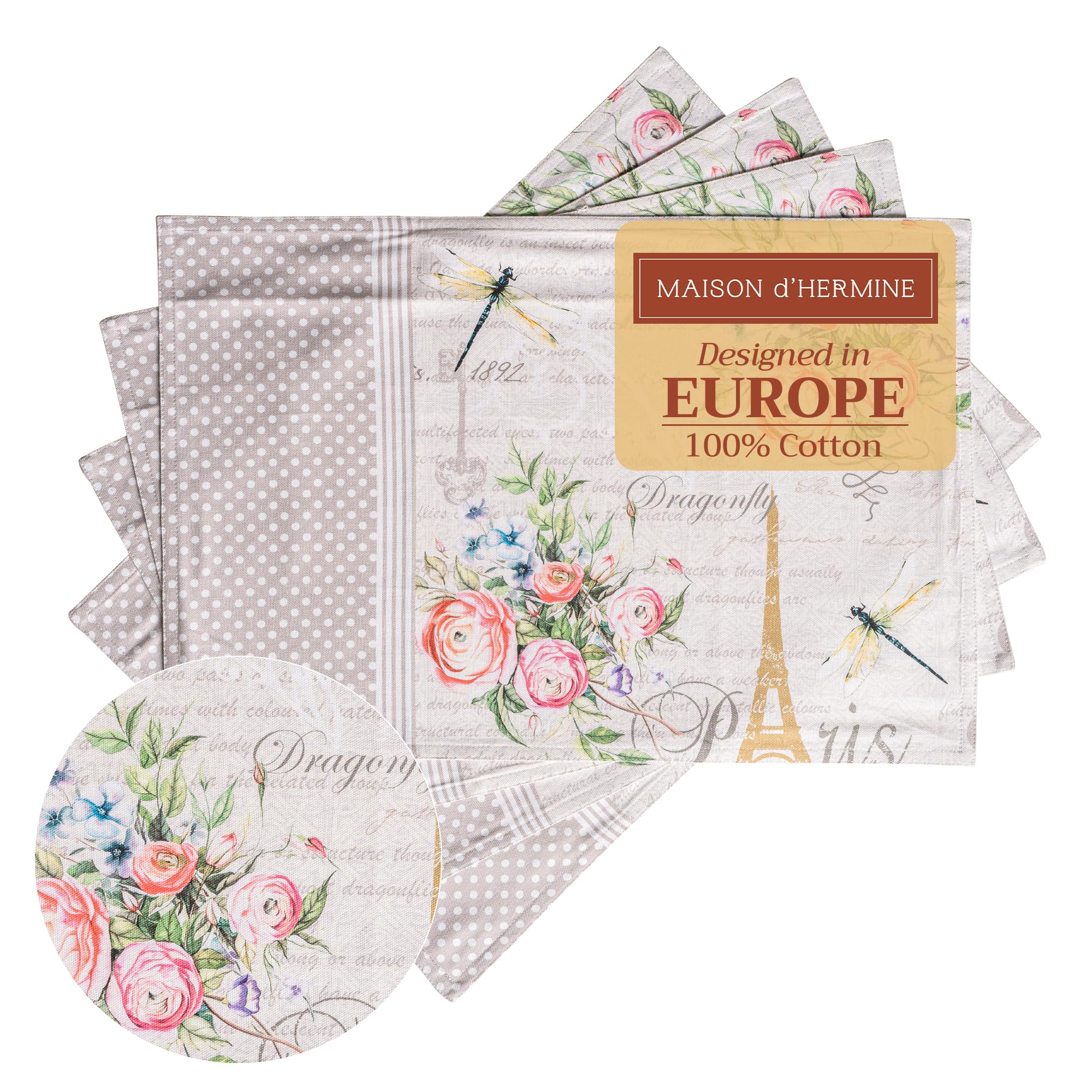 Maison d' Hermine Placemats Set of 4 100% Cotton Washable Reusable Table Mats for Home Kitchen Dining Party Wedding Restaurant Gifts for Mothers Day (Champ De Mars, 33 CM x 48 CM)