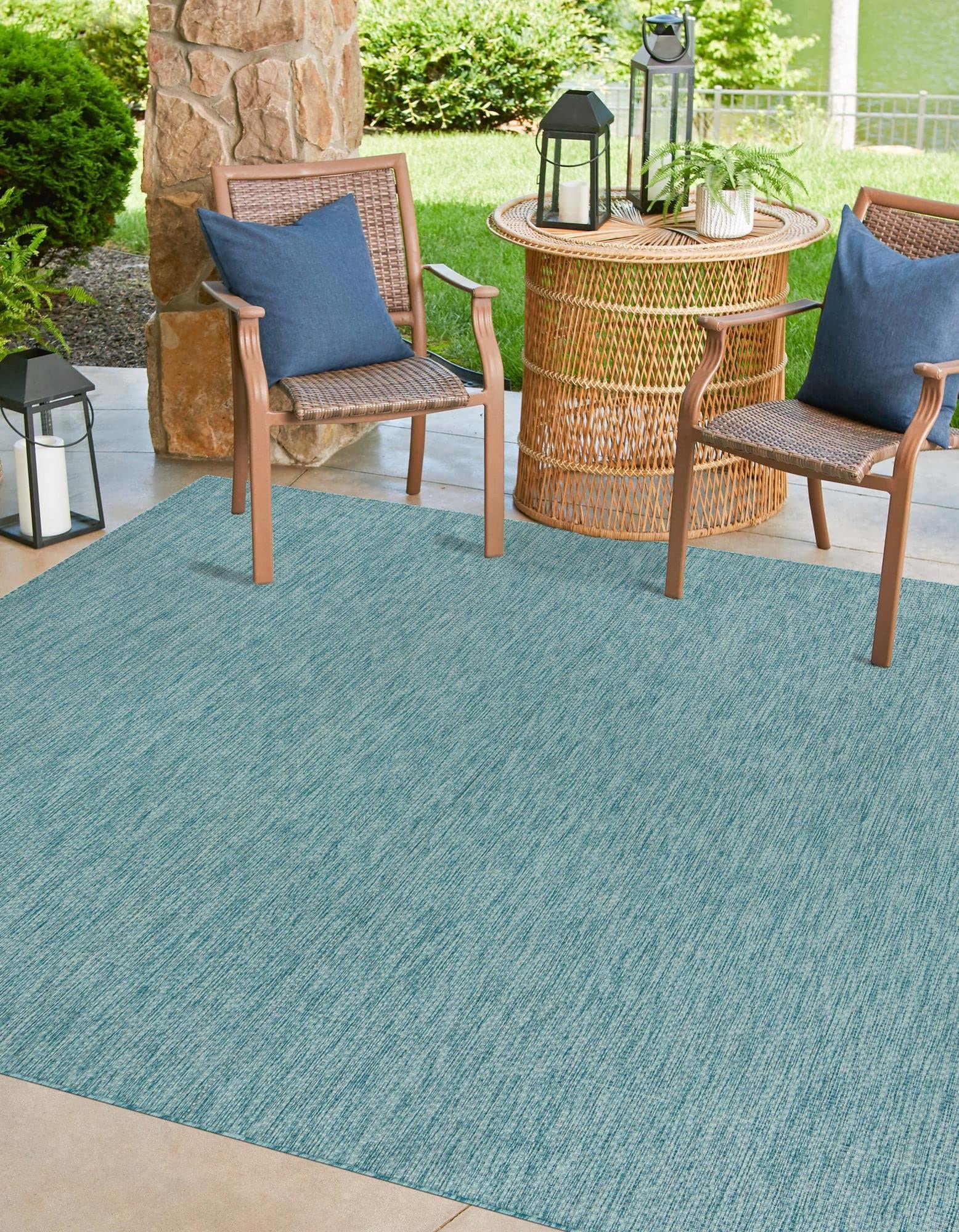 Unique Loom Collection Casual Transitional Solid Heathered Indoor/Outdoor Flatweave Area Rug (10' 8" Square, Aquamarine/Ivory) Image