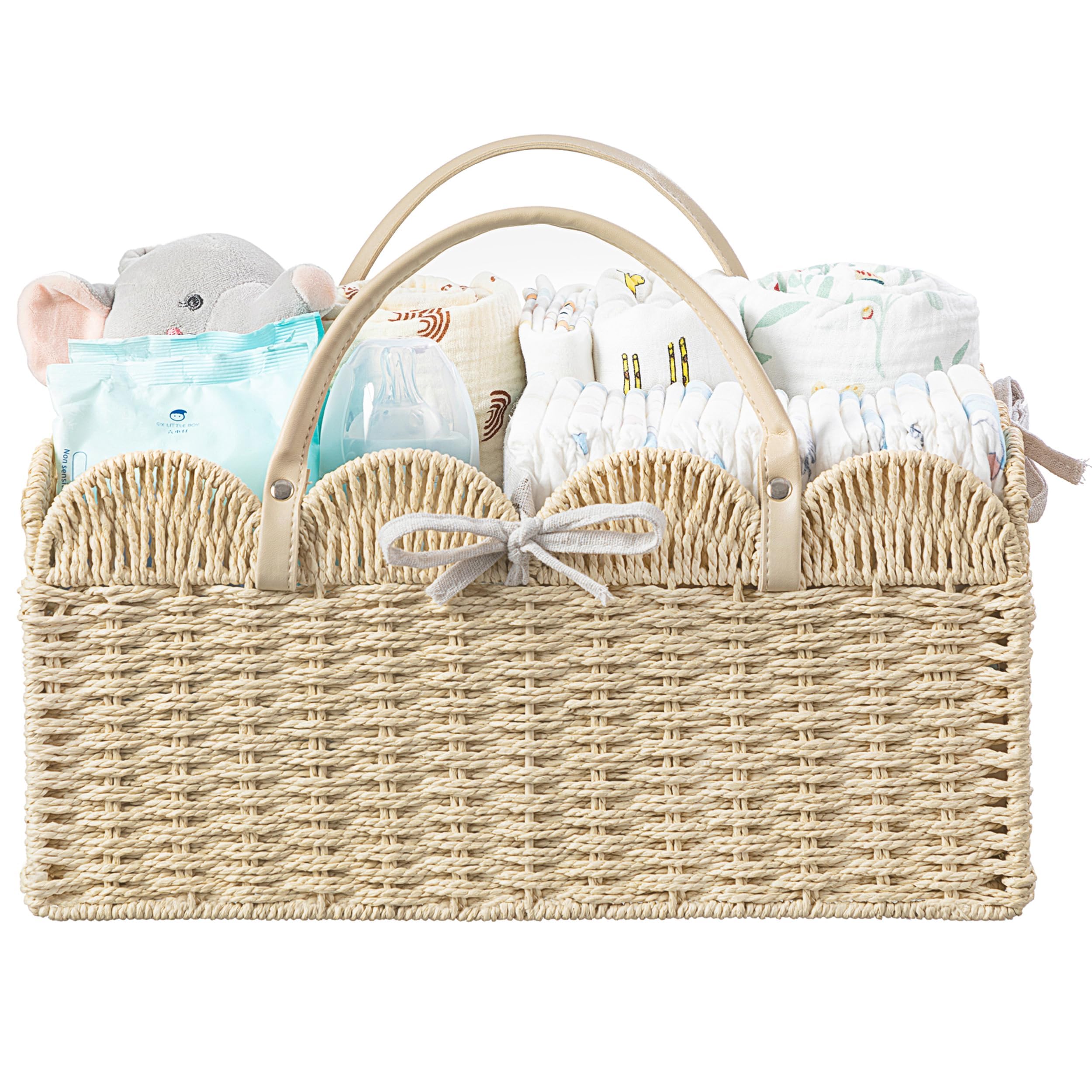 Photo 1 of HBlife Baby Diaper Caddy, Paper Rope Storage Baskets Nursery Bin with Removable Divider, Portable Car Organizer for Diapers, Baby Shower Gifts, Newborn Essentials Must Haves