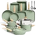 Kitchen Academy 17 Pieces Induction Cookware Set with Griddle, Green Granite Pots and Pans Set Non Stick, Healthy Nonstick Cooking Pans Set