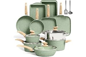 Kitchen Academy 17 Pieces Induction Cookware Set with Griddle, Green Granite Pots and Pans Set Non Stick, Healthy Nonstick Co