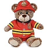 DolliBu Sitting Brown Bear Firefighter Stuffed Animal with Name Personalization - Super Soft Bear with Red Fireman Costume Outfit and Fireman Hat, Cute Fire Fighter Doll Plush Toy for Kids - 9 Inch
