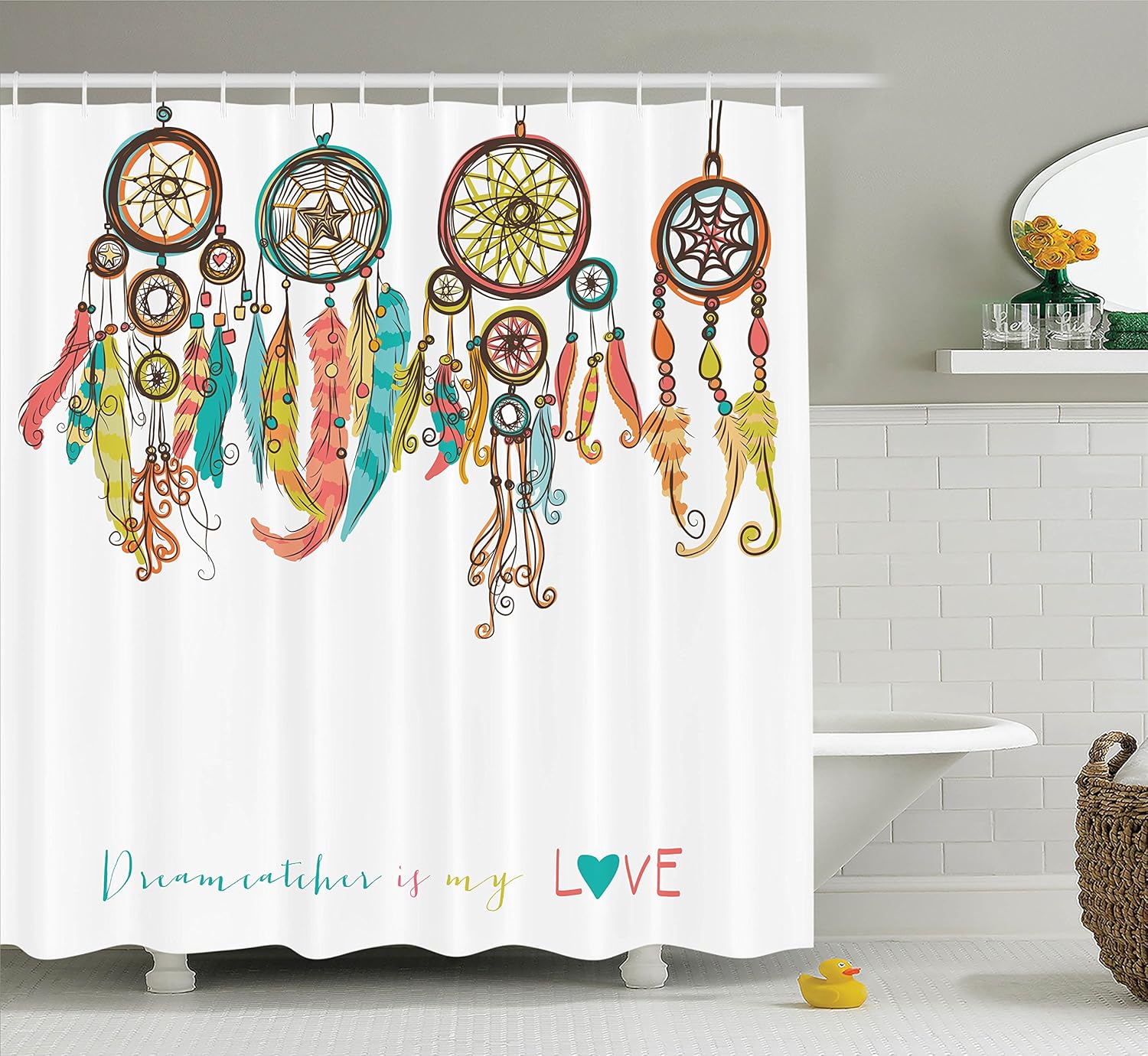 Fabric Bathroom Decor Set With Hooks Asian Orange Blue 60x72 Inch