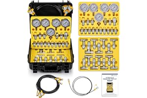 Mxmoonfree Hydraulic Pressure Test Kit, 5 Gauges, 16 Couplings incl. 3 Extra NPT (3/8", 1/2", 3/4"), 14 Tee Connectors, 5 Hoses, for Excavators, Loaders, Tractors, Forklifts, Construction & Mining