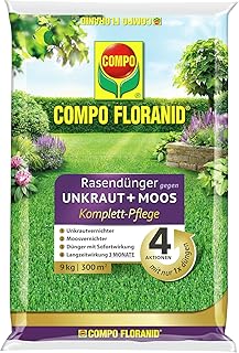 COMPO FLORANID Rasendünger gegen Unkraut+ Moos Komplett-Pflege, 3 Monate Langzeitwirkung, Feingranulat, 9 kg, 300m²
