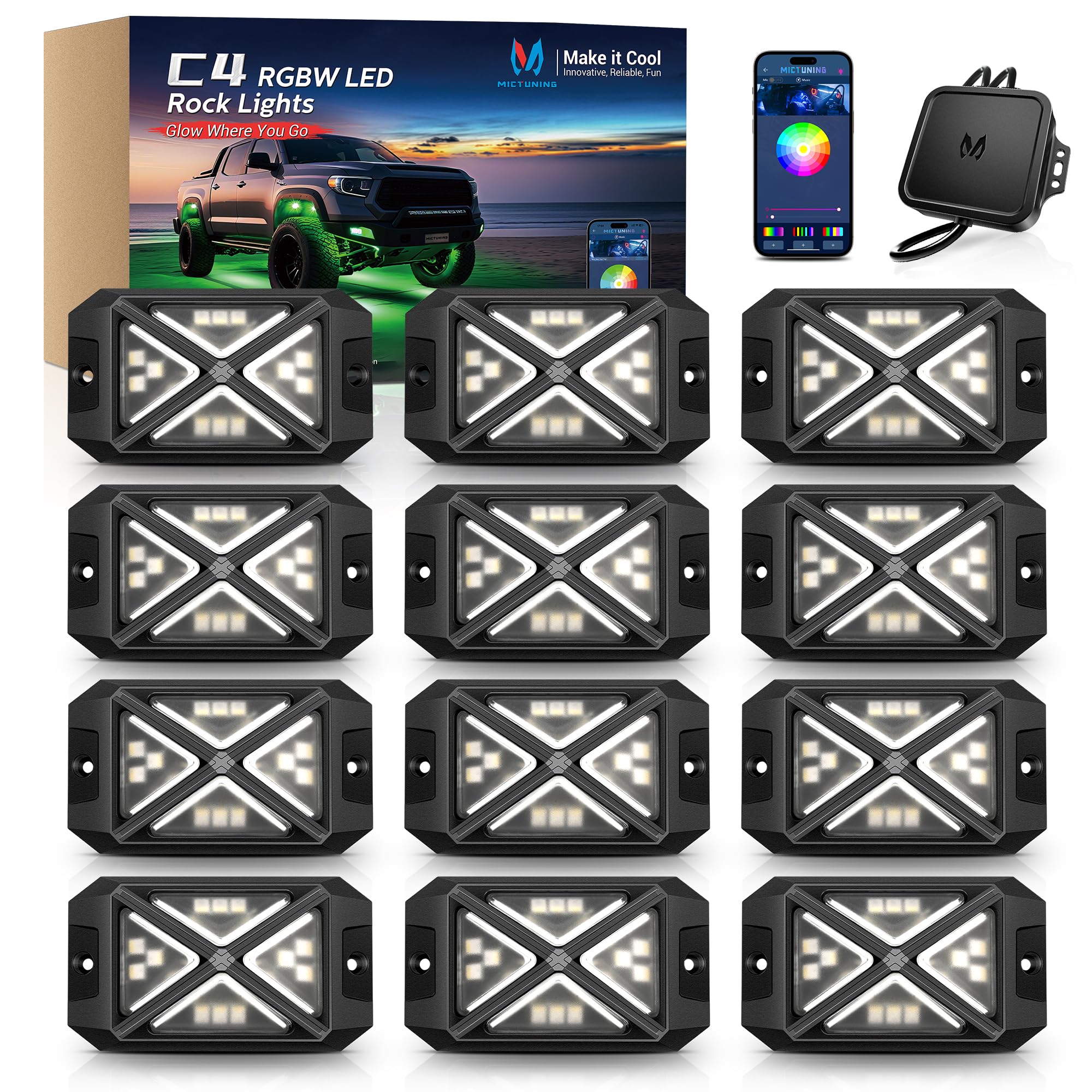 Photo 1 of MICTUNING C4 RGBW Rock Lights Kit, 12 Pods 360° Ultra-Bright 4-Sided Wide Beam Angle Underglow Neon Accent Lighting Kit, Microphone Sync with APP Control, IP68 Waterproof