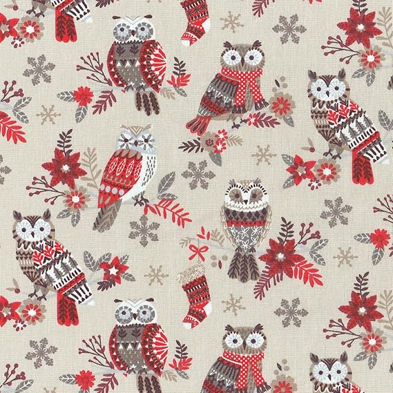 Textiles français Baumwollstoff/Weihnachtsstoff | Die festlichen Eulen Stoff | Festliches Rot, Taupe, Grau und Weiß (Grundfar