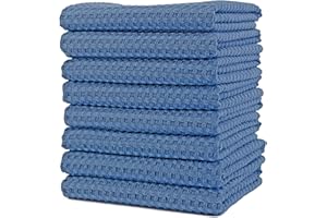 Polyte Ultra Premium Microfiber Kitchen Dish Hand Towel Waffle Weave, 8 Pack (16x28 in, Blue)
