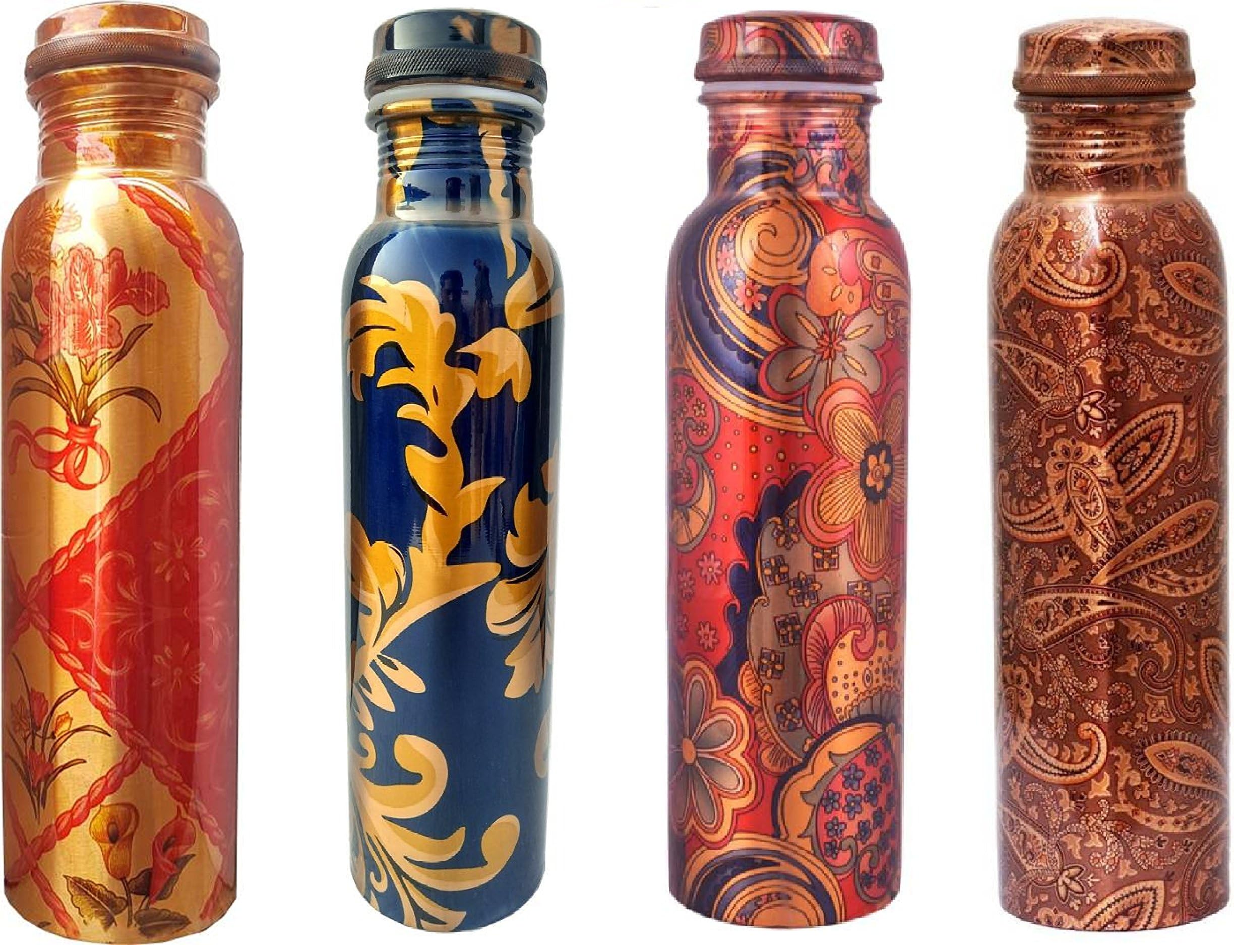 AYUR PATRA Combo Pack of Pure Copper Modern Art Printed and Outside Lacquer Coated Bottle, Travelling Purpose, Yoga Ayurveda Healing, 1000 Ml Set of 4