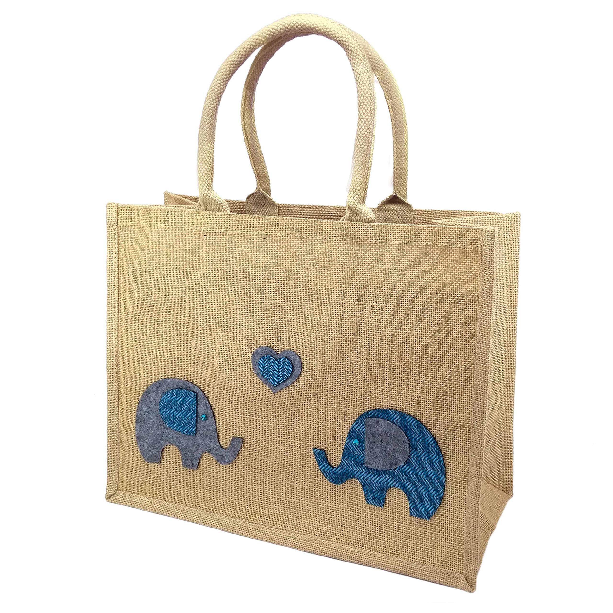Yellowboots Large Jute Shopping Bag - Elephants in Love - 32cm high x 42cm Wide x 18cm Depth (Natural)