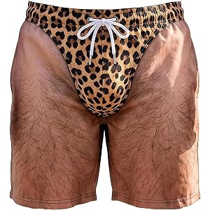 Mens 3D Hairy Body Print Funny Swim Trunks - Novelty Thong Beach Shorts | Quick-Dry Prank Swimsuit, Humor Gag Gift for Pool P
