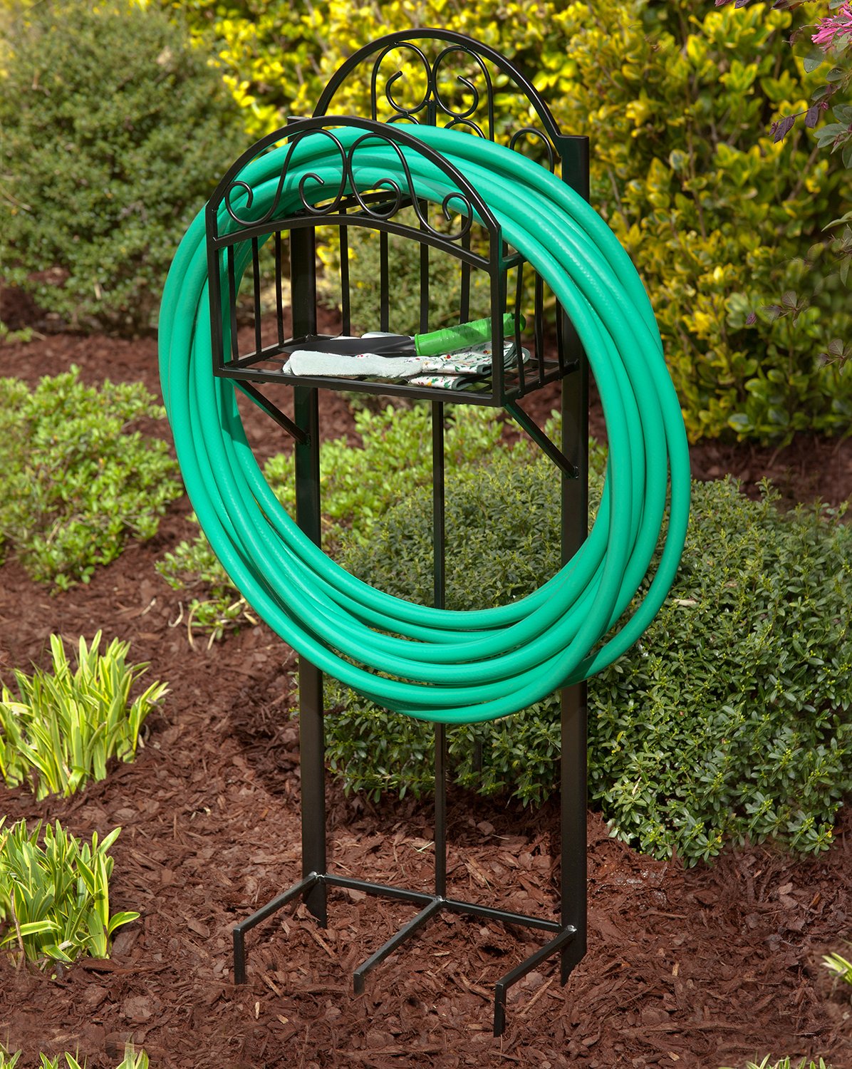 Liberty Garden 119 Decorative Garden Hose Stand with Storage Shelf, Black