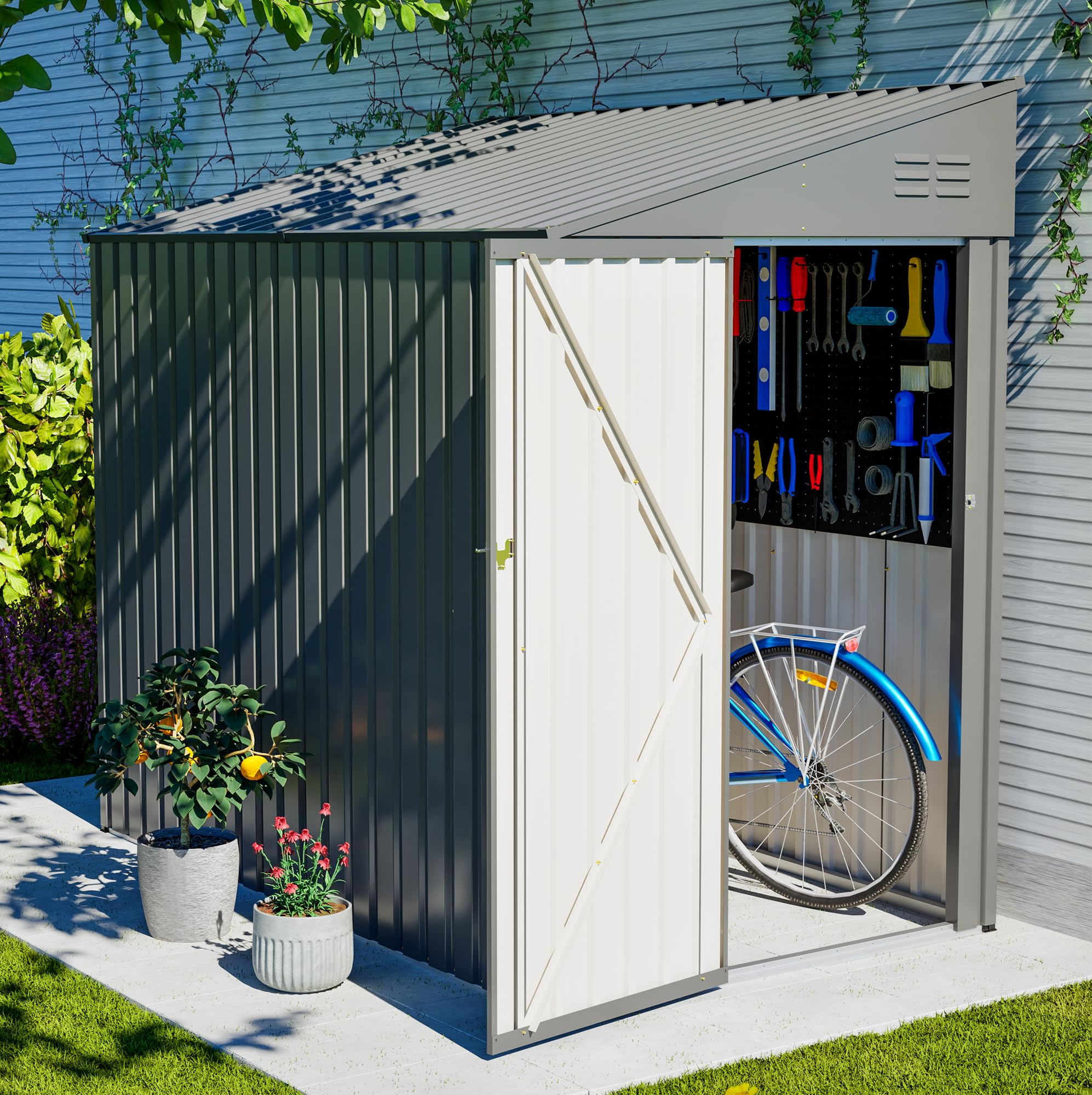 Photo 1 of *****FACTORY SEALED*****
YOPTO 4x7 FT Outdoor Storage Shed Lean to Shed,Metal Shed W/Lockable Door & Air Vent,All Weather Waterproof Garden Tool House W/Reversible Installation,for Backyard,Patio,Lawn,Dark Gray