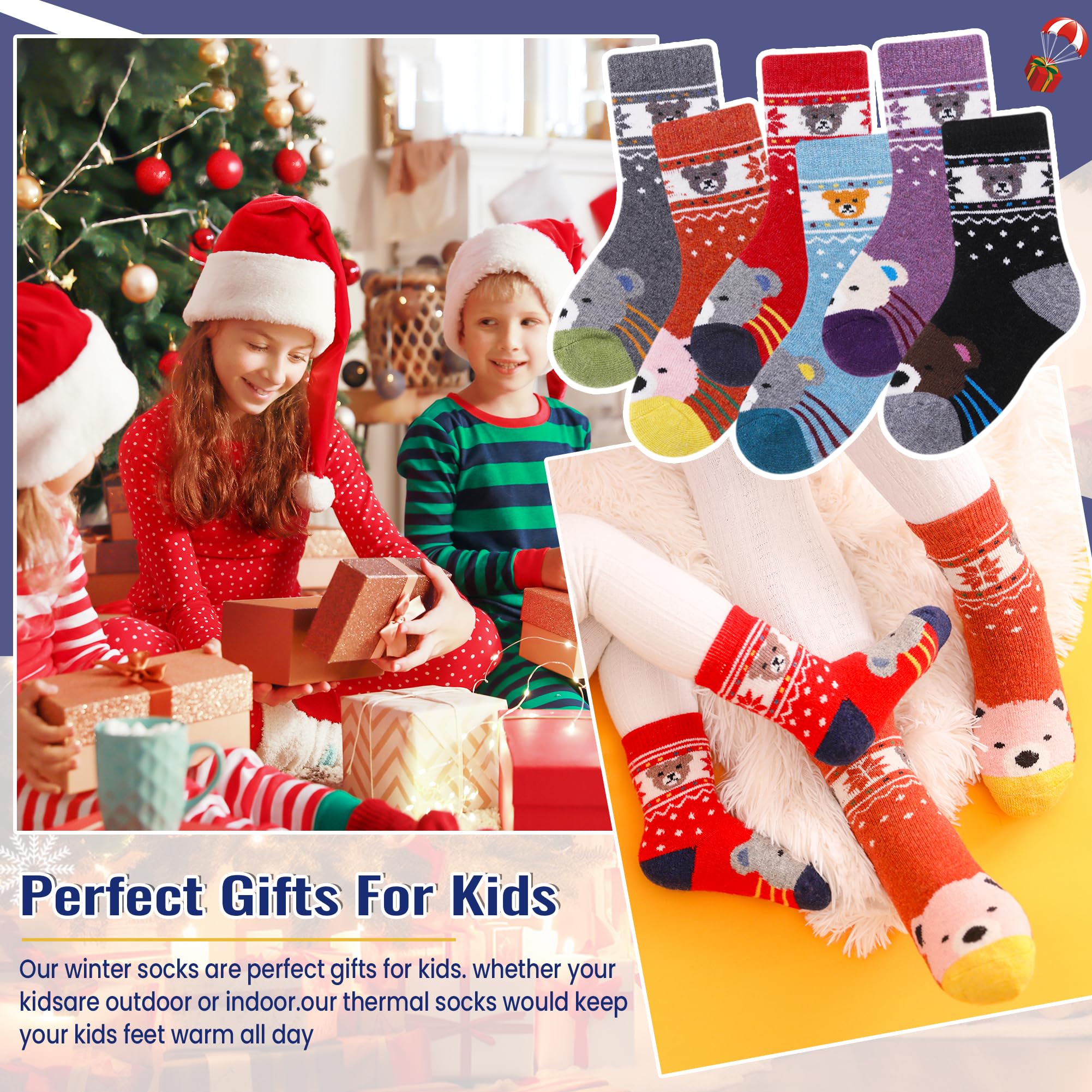 Eocom Kids Wool Socks For Boys Girls Warm Hiking Thermal Winter Cozy Soft Thick Toddlers Crew Boot Socks 6 Pairs