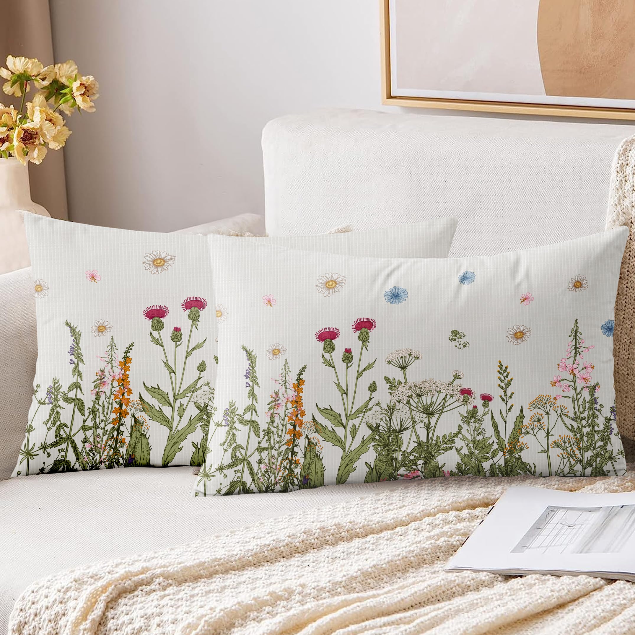 XPHZZL Cushion Covers Set of 2 Pack 30 x 50 cm - Soft Colored Wildflowers Pattern Decorative Rectangle Cushion Covers for Sofa Bed Garden Outdoor Spring Decor with Invisible Zipper 12 x 20 Inch