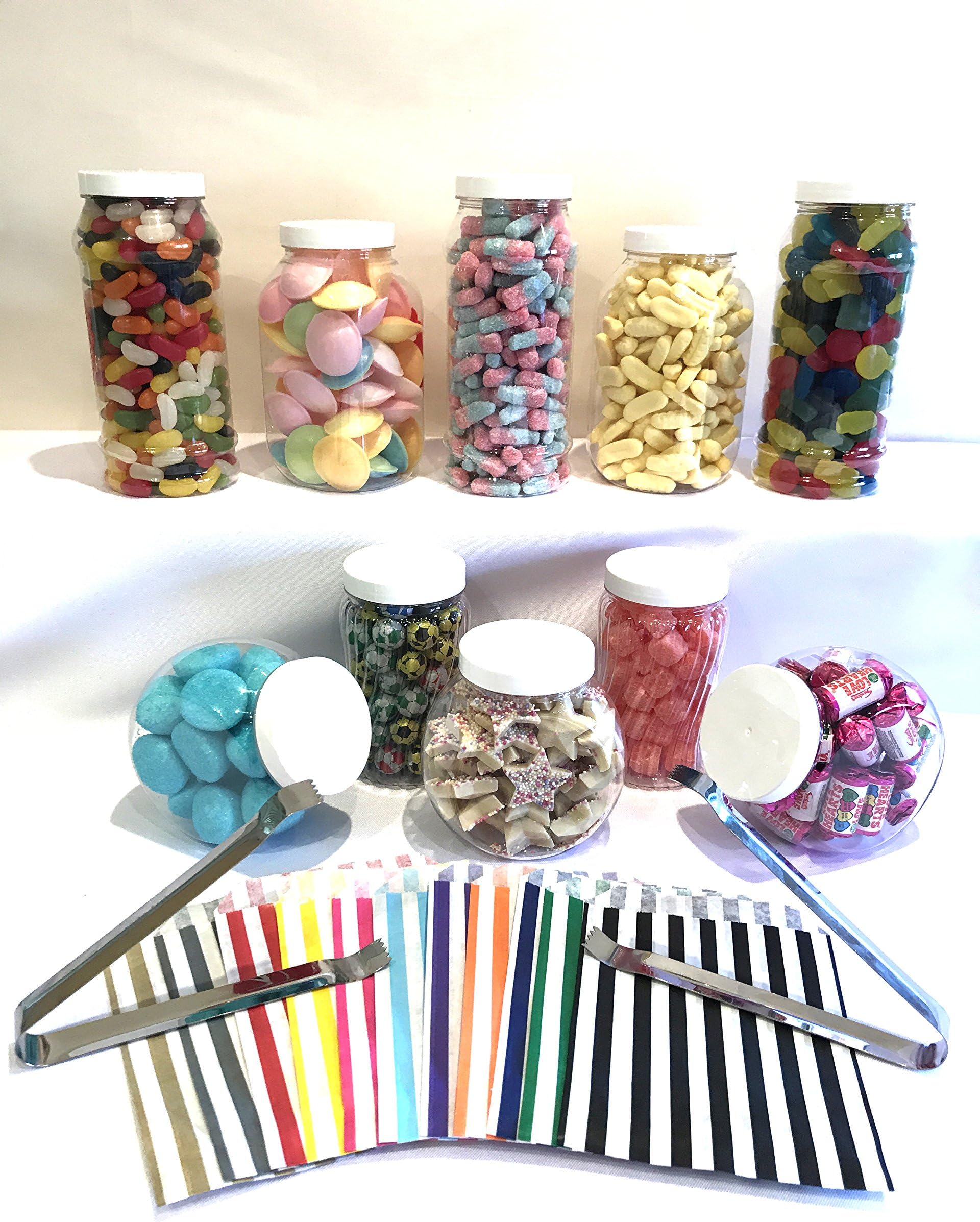 Assorted White Candy Buffet kit with 10 Plastic Sweet Jars, 2 Tongs and 100 Bags (Silver/Grey)