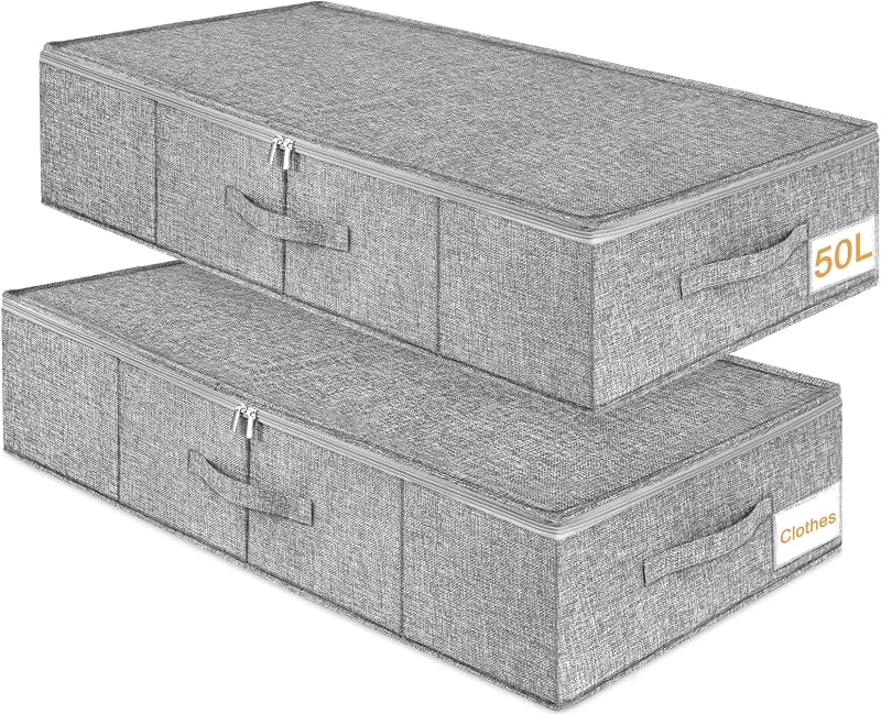 JUPELI 50L Under Bed Storage Box with Lid, PP Liner, Reinforced Zips
