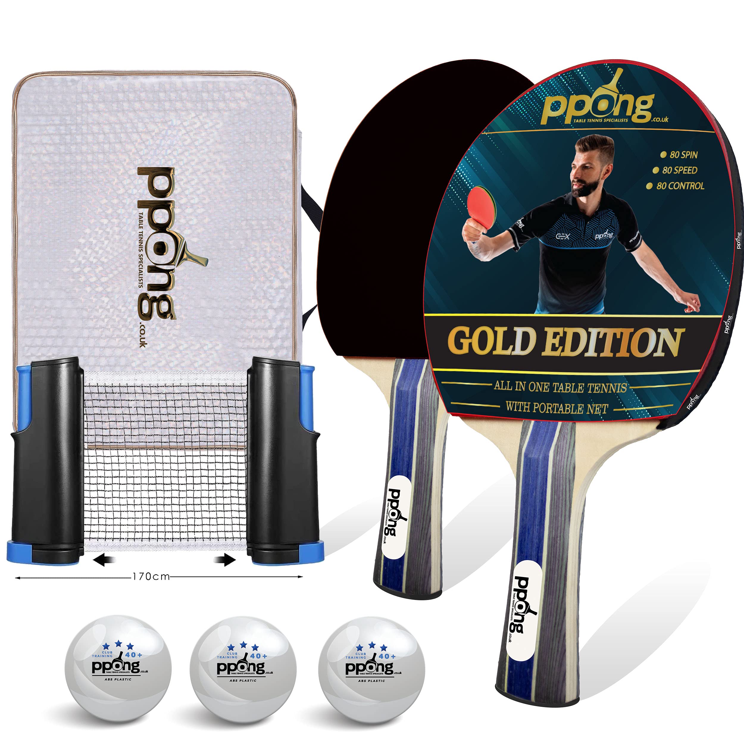 PPong co uk Table Tennis Set All-in-One Kit with Retractable Ping Pong Net for Any Table, Bats, Premium 3-Star Ping Pong Balls & Luxury Storage Case