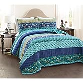 Lush Decor Royal Empire Reversible Cotton Quilt Set, 3 Piece Set King, Peacock - Striped Bedding Set - Floral Quilt King Size - Blue Bedding - Boho Decor