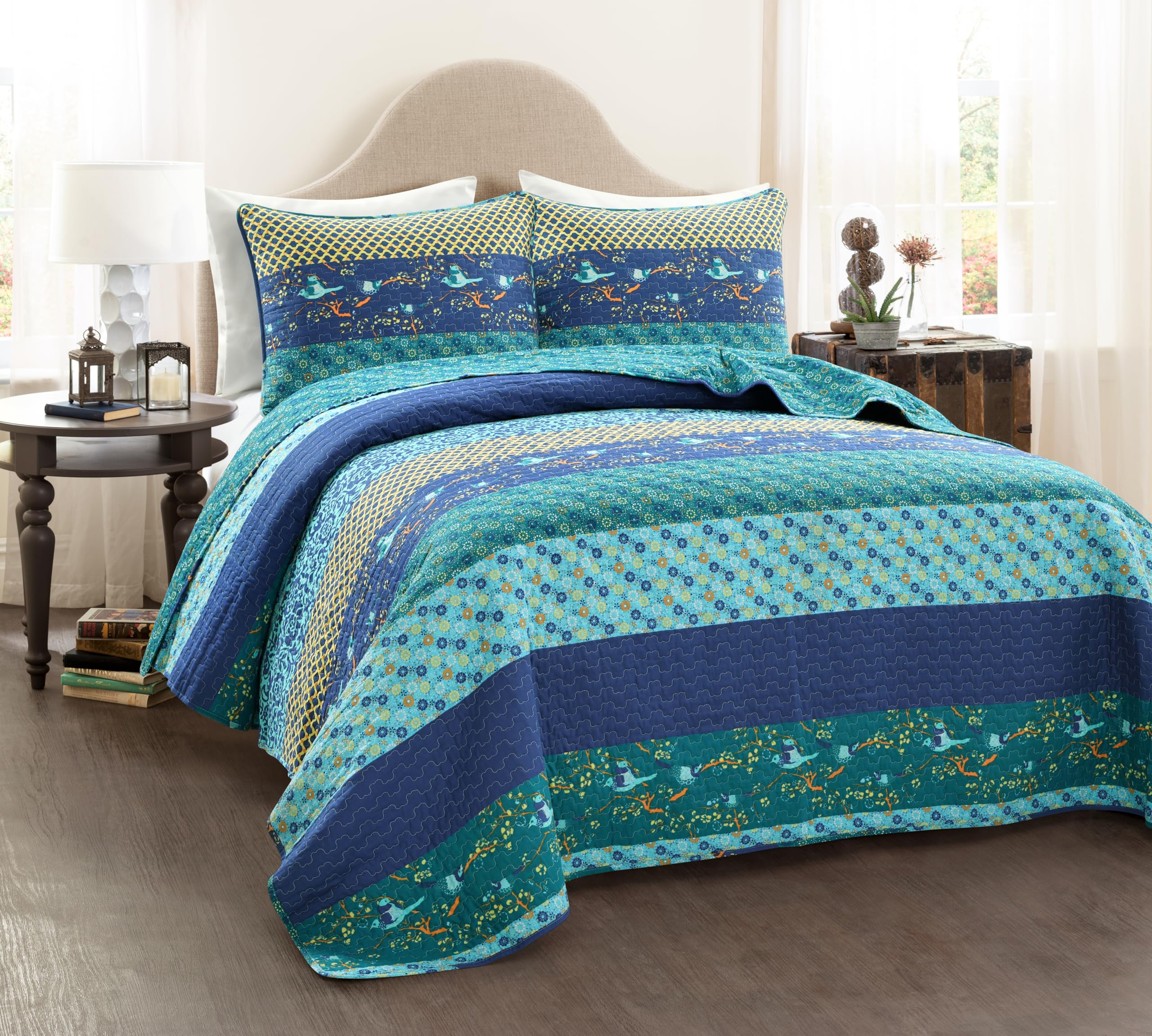 Photo 1 of Lush Decor Royal Empire Reversible Cotton Quilt Set, 3 Piece Set King, Peacock - Striped Bedding Set - Floral Quilt King Size - Blue Bedding - Boho Decor