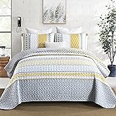 DJY Yellow Quilt Set King Size, Boho Yellow Grey Striped Bedspread Coverlet Set Soft Microfiber Patchwork Quilt Bedding Set 3 Pieces for All Season