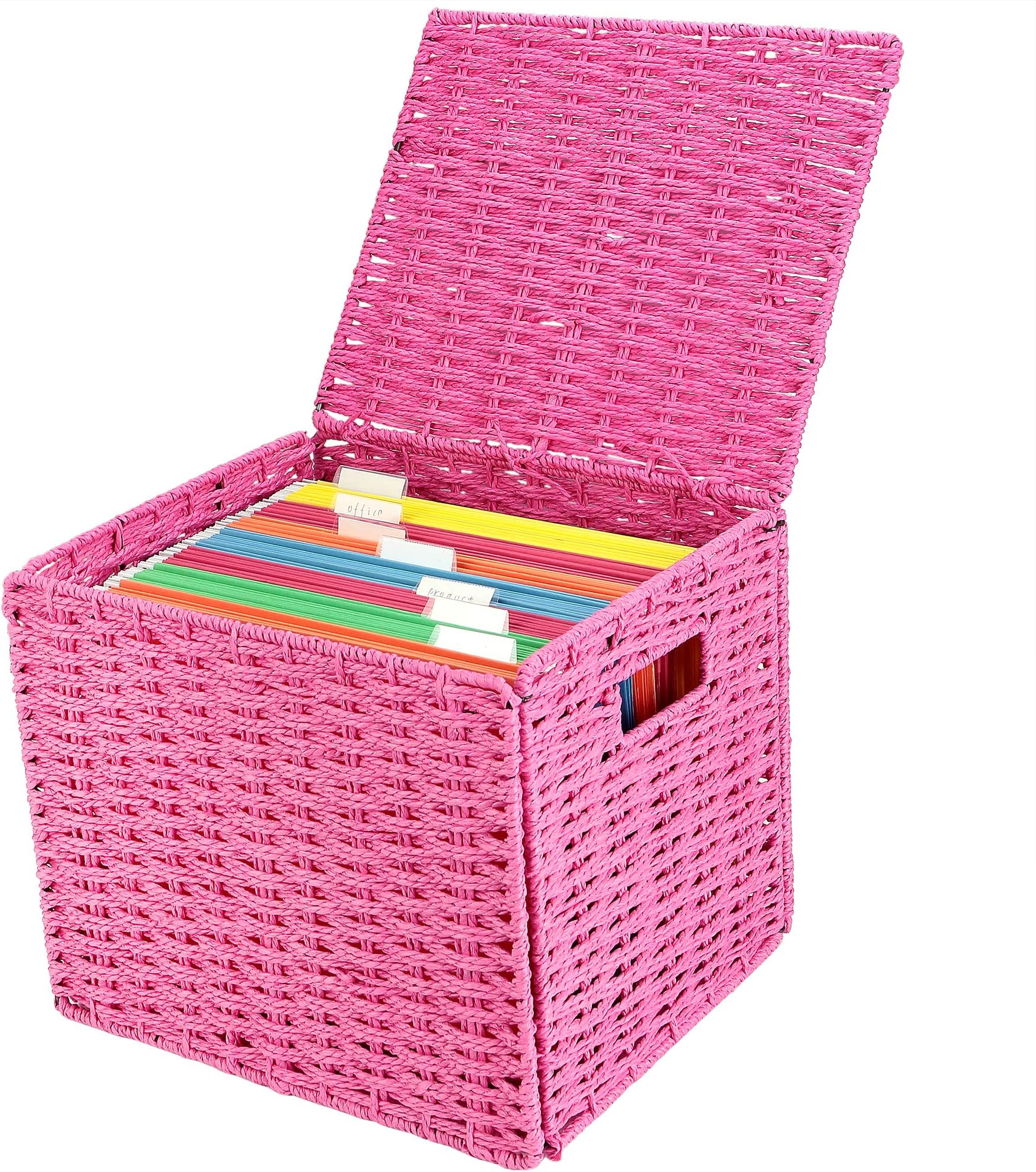 Collapsible Hanging File Folder Storage Organizer, Letter Size Hanging File Box Organizers with Lid，Decorative Seagrass Filing & Storage Office Box | Letter Size (Pink)