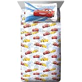 Jay Franco Kids Sheet Cartoon Set with Fitted, Flat Sheets &amp; Pillow Cover - Ultra-Soft Bedding with Pillowcase for Room Decor, White - Cars, 3 Piece Twin