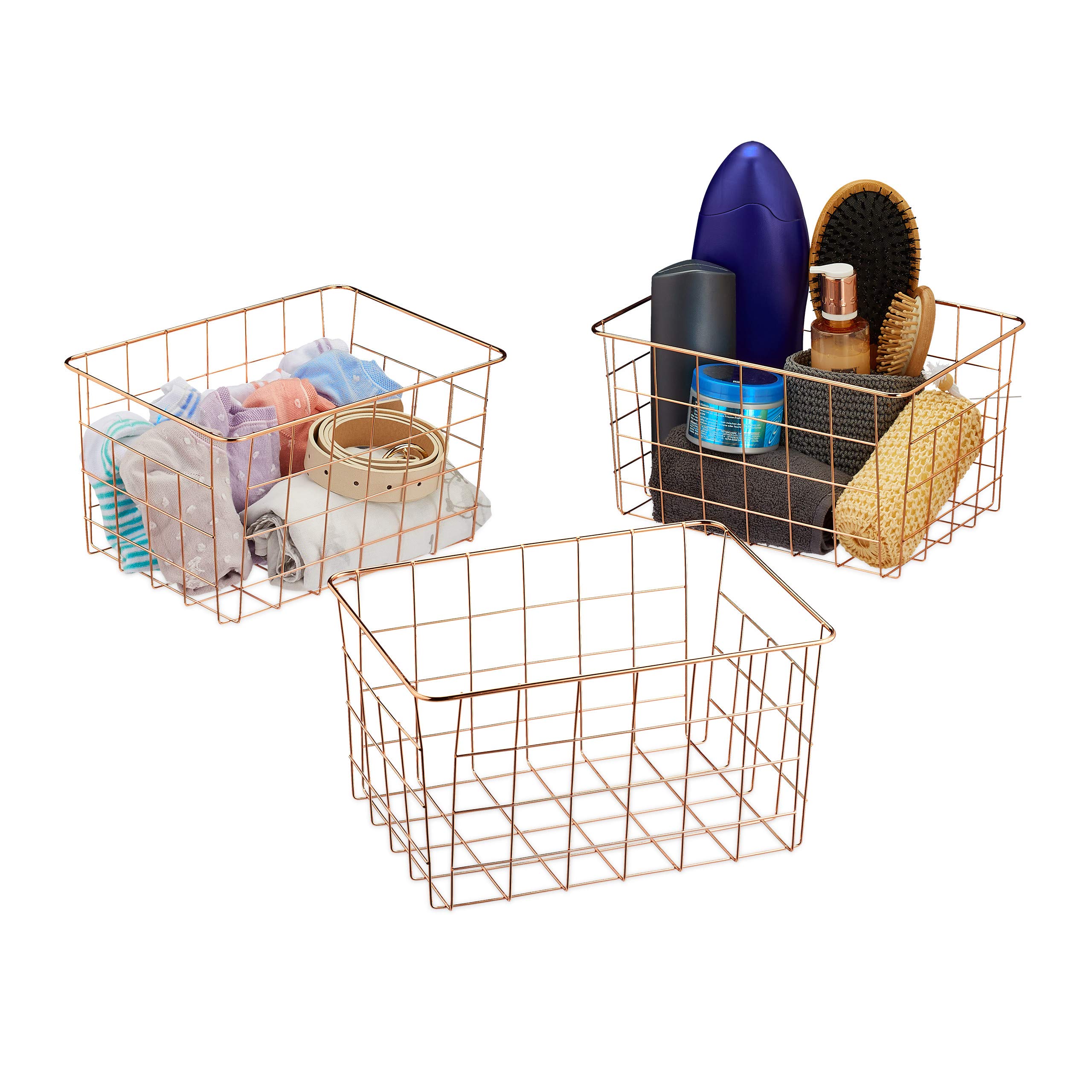 Relaxdays Storage Basket, 3x Set, Organiser, Wire, Metal, Cube, HxWxD: 15.5 x 28 x 20 cm, Office, Kitchen, Copper